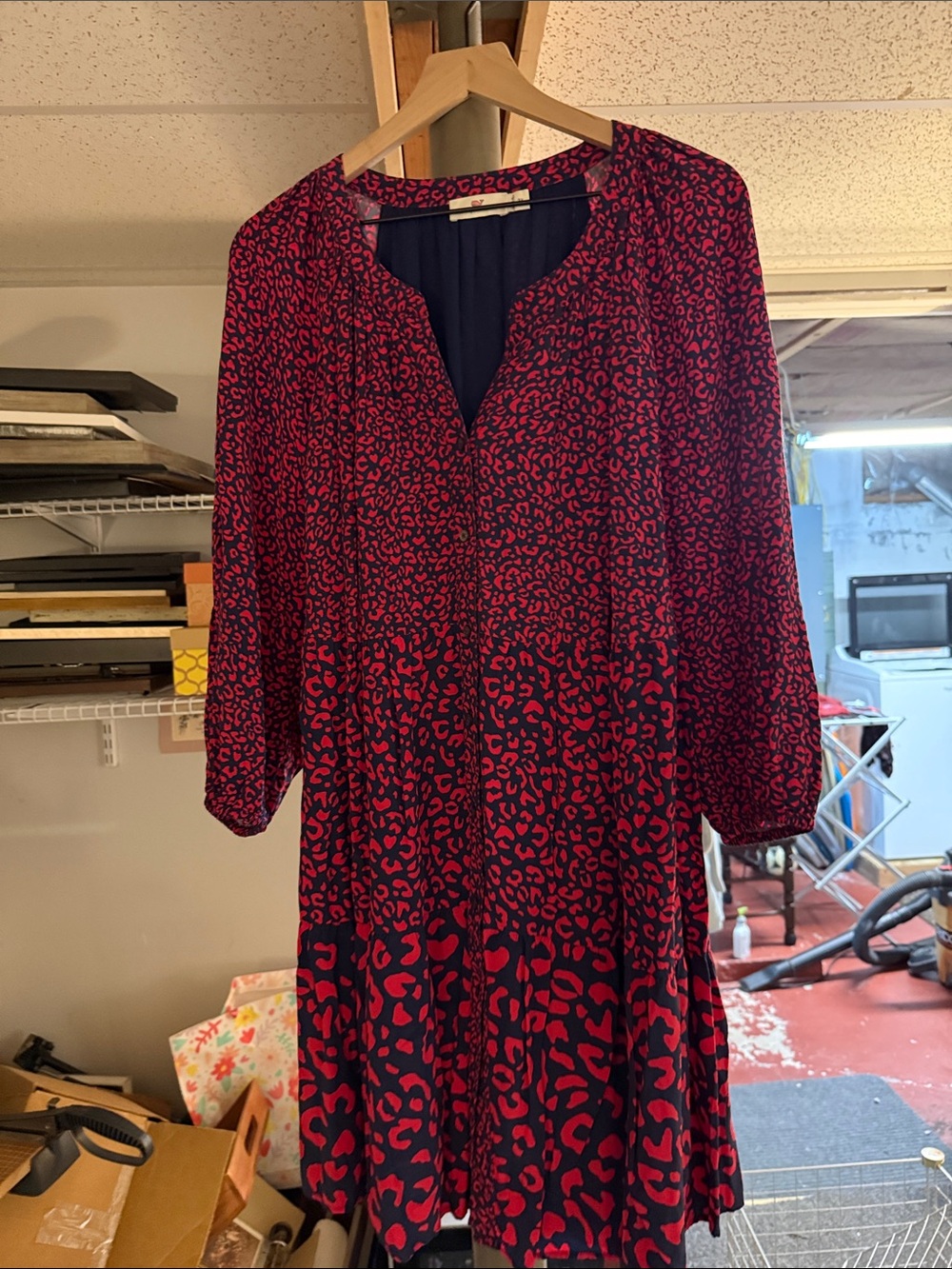 Vineyard Vines Navy and Red Long-Sleeve Animal Print Dress